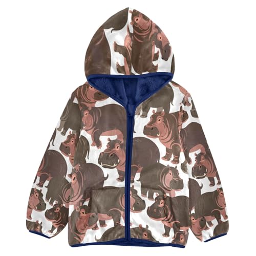 Repeating Hippo Design on Fabric Toddler Fleece Jacket Girl Boys Hooded Fleece Jacket Coat Warm Outwear Zip-up 3-10T