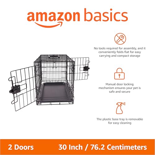Image of Amazon Basics Portable, Foldable Metal Wire Dog Crate with Removable Tray, Double Door, Divider Panel, Easy to Assemble, 30 x 19 x 21 in, Black