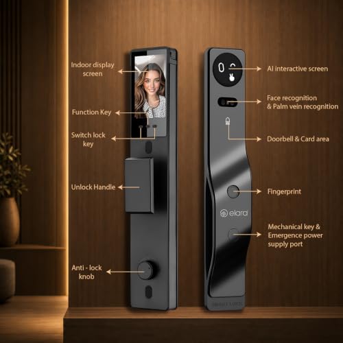 Image of Elara Echo Lite Smart Door Lock, Fingerprint, Card, App, OTP, Keys, PIN Unlock, Alarm Alert, Bluetooth & WiFi, Black, 2 Year Warranty. (APEX ONE AI PRO)