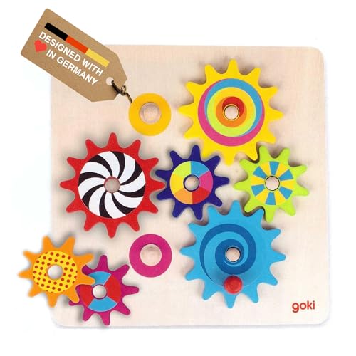 Goki Wooden Spinning Gears 8-Piece Montessori Educational Toys for 3 Year Old STEM Cause & Effect Building Set for Fine Motor Skills & Logical Thinking I Sensory Toys for Toddlers I Gifts for 3+