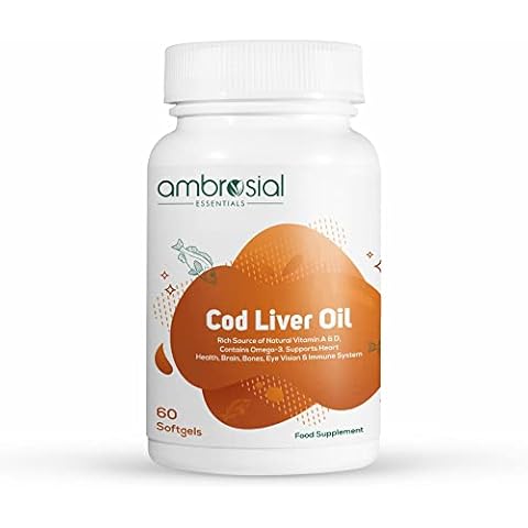 Ambrosial Pure Cod Liver Oil 300mg | High Strength Cod Liver Oil | Rich in Omega 3 | EPA DHA Fatty-Acids | Vitamin A & D | Supports Heart Health | Cold Pressed | 60 Softgels Capsules Cover