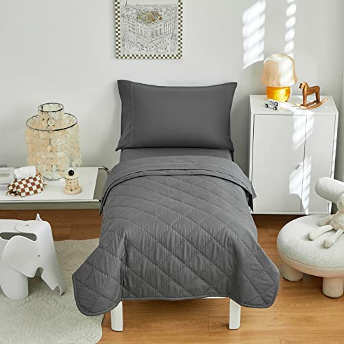 Dark Gray Quilted Toddler Bedding Set 4 Pieces Summer Toddler Bed Quilt Set Includes Toddler Size Bedspread , Flat Sheet, Fitted Sheet And Pillowcase #TOP1