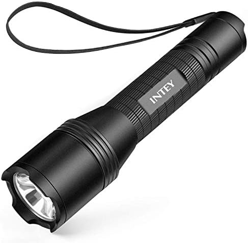 INTEY Tactical Flashlight, USB Rechargeable Flashlight, Zoomable, IP65 Waterproof, 900 Lumens CREE LED Torch Light, 5 Light Modes for Camping and Hiking