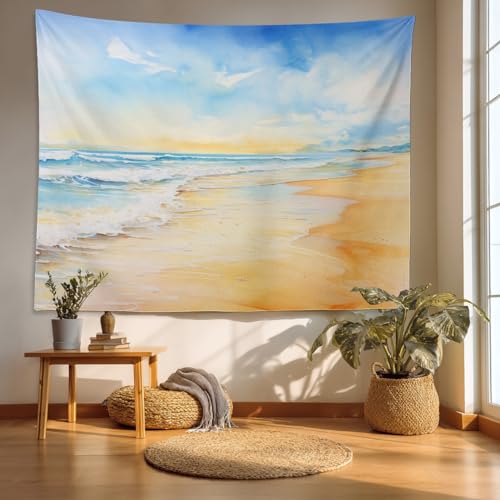 Batmerry beach waves sky Tapestry, serene beach water scene Wall Art Hanging Decoration Polyester Fiber White Ruffled Around for Dorm Room Bedroom Living Room, 30 x 40 inches