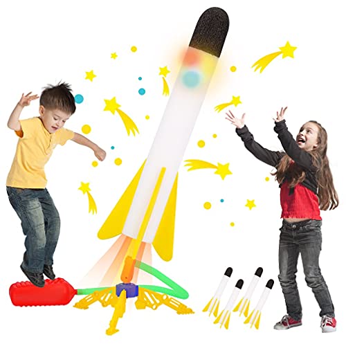 Glow Rocket Launcher for Kids, 4 Foam Rockets and Air Rocket Launcher, Stomp Launcher, Summer Outdoor Toy Sports Games, Shoots Up to 120 Feet, Gifts for Boys and Girls Ages 3 4 5 6 7 8+ Years Old