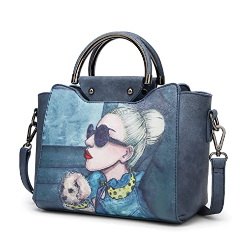 DIRRONA Elegante Bolso Mujer Retro Bolso Bandolera Mujer Casual Bandolera Viajes Trabajo Bolsa de Mensajero Cuero PU Imprimir Bolso de Mano Azul Oscuro Cover