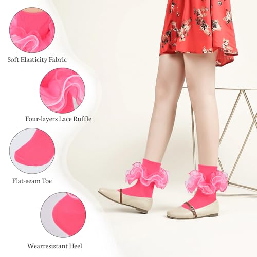 Women White Ruffle Socks Turn Cuff, Double Lace Ankle Socks Cotton Lace Frilly for Ladies(Size 6.5-9.5, 3 Pairs)2