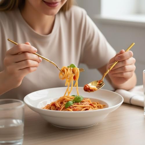 Image of 20 Pcs Gold Cutlery Set for Dining Table the Perfect Lightweight Silim Handle Tableware Including Dinner Spoon, Dinner Fork, Dinner Knife, Dessert Spoon & Dessert Fork