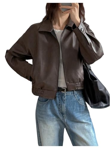 Milumia Women's Faux Leather Zip Up Jacket Vintage Collared Long Sleeve Motorcycle Jackets Brown Small