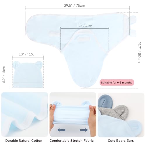 Image of AQOKKA Baby Swaddle Sleep Sacks with Bear Ear Hats Cotton Adjustable Swaddle Blankets Wrap Nursery Swaddles for Newborns Boy Girl Infant 0-3 Months