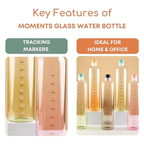 Image of Borosilicate Water Bottles, H2O Fridge Water Bottle with Cap, Leak proof & Airtight Lid, Water Bottle for Office, School, College - 1000ml Bottles with Time Marker (Blue)