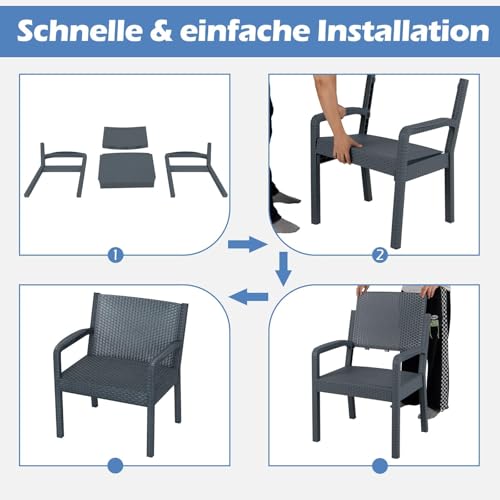 FANTASK 3tlg. Balkonmöbel Set, Gartenmöbel Set aus Rattan, inkl. 2 Stühle mit Tisch, Lounge Möbel TerassenmöbelSet, für Balkon, Terrasse, Garten, Grau