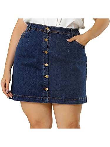 Agnes Orinda Women's Plus Size Denim Skirts Mini Button Side Pocket A Line Casual Summer Jean Skirts 3X Blue