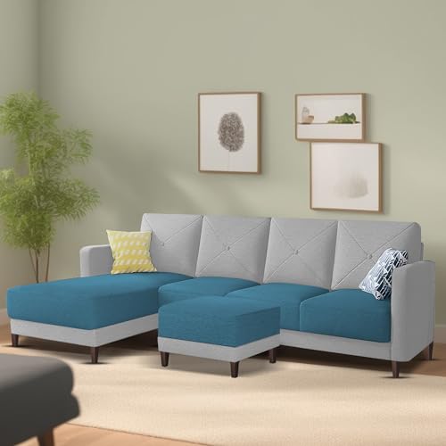 Image of Baloney LHS 6 Seater L Shape Sofa Set with Center Table for Living Room (Turquise Grey Fabric) Premium Fabric Sofa
