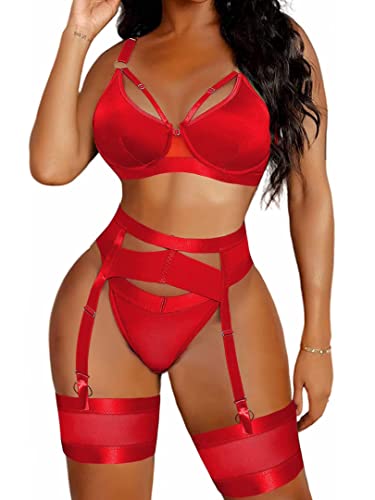 Damen 4-teiliges exotisches Träger-Strumpfband-Dessous-Set, sexy durchsichtiger Netz-BH und Panty-Sets, rot, Small Cover