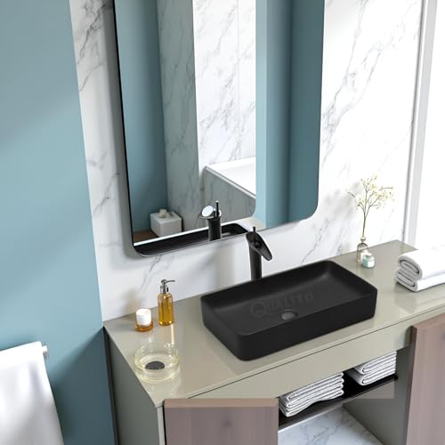 Image of QUALITO Designer Table Top Wash Basin for Bathroom, Living Room, Hall, Dinning Room | Big Size Black Ceramic Vessel Sink /Basin | Glossy Finish Marble Vanity Basin (24x14x5 Inch, Black)