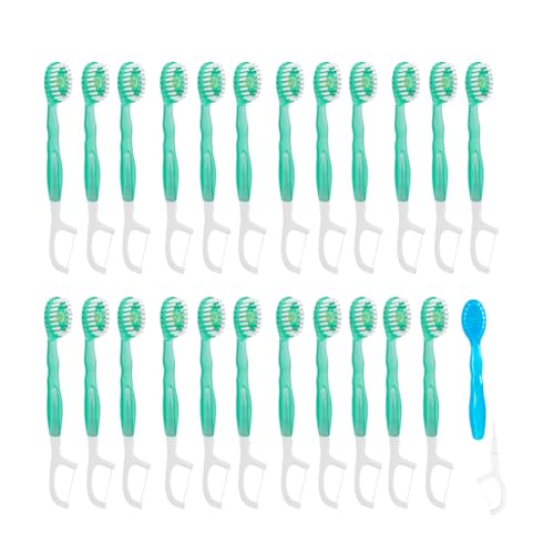 JOUGE Mini cepillos de dientes desechables con pasta de dientes 5 en 1, cepillo de dientes portátil envuelto individualmente con pasta de dientes + raspador de lengua + púas + funda de viaje para hilo