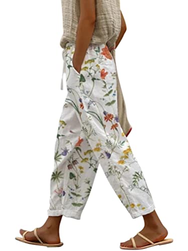 Minetom Pantalon Femme Été Décontracté Pantalon Léger avec Poches Solide Couleur Pantalon À Cordon Élastique K Fleur L