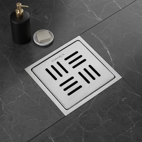 Image of EVANEX Square Shower Drain Channel | 304 Stainless Steel Waste Water Floor Drain with Cockroach Trap| 5x5 Inches Bathroom Drain Channel | Drainer Channel | Bathroom Jali | Bathroom Accessories Set