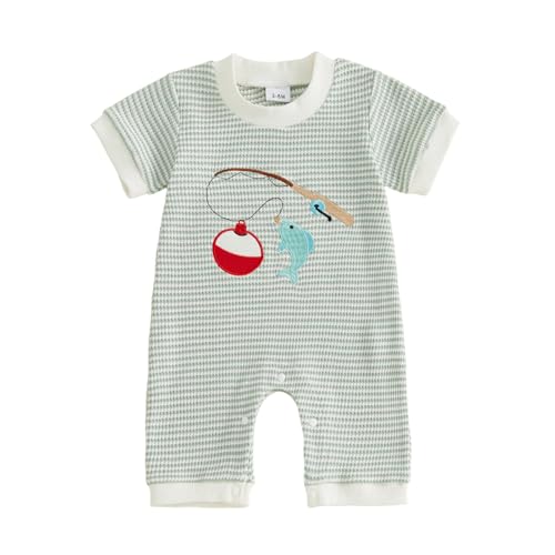 Bagilaanoe Baby Boy Summer Striped Romper Fashionable Fish/Construction Vehicle Embroidery Short Sleeve Jumpsuits (Light Green Fish, 3-6 Months)