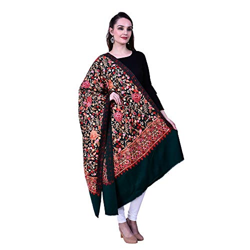 SWI WITH LABEL Women's Kashmiri Wool Blended Shawl Embroidered by Kashmiri Artisans, (Large Size - 40 x 80 Inches)