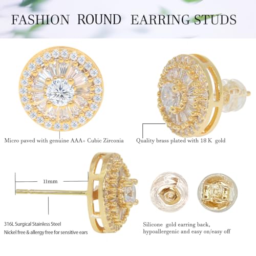 LuReen Earring Studs for Men Women - 18K Gold Plated Cubic Zirconia Stud Earrings Set, Iced Out CZ Studs, Simulated Diamond Halo Earrings (2 Pairs)4
