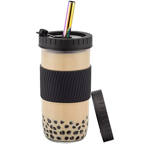Duffy Reusable Boba Water Cup Set 730ml Wide Mouth Leakproof Large Capacity Storage Bottles Kit for Drinking Cold Smoothie Mugs Iced Office Home 24oz (Black)