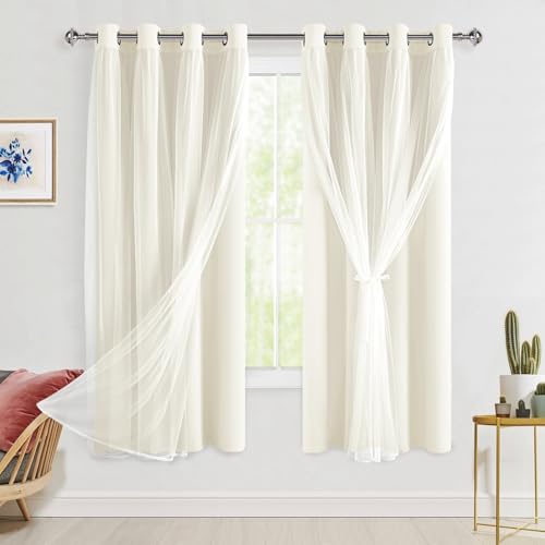 Hiasan Blackout Curtains with Sheer Overlay, Ivory, 52W X 63L, 2pcs