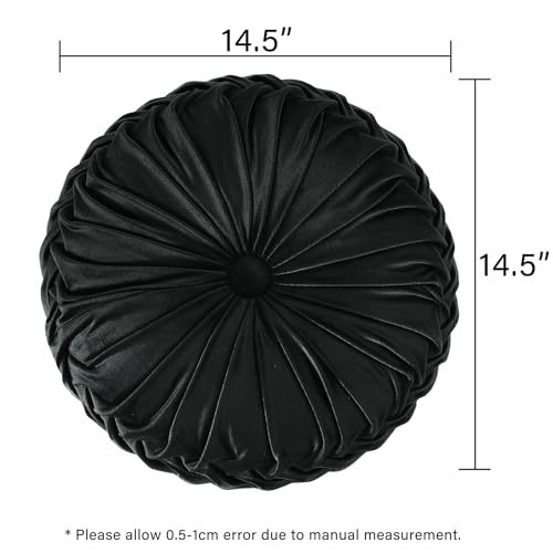 Image of HIG Set of 2 Decorative Round Pleated Throw Pillows, Classy Accent Pumpkin Throw Pillows with Center Button, Vintage Velvet Floor Pillows for Sofa Vanity Chair Bed, Black, 14.5 inch Diameter(Ripple)