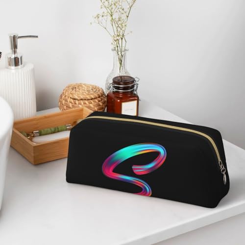 Image of Cute Initial Pencil Case for Kids Simple Leather Pencil Pouch for Boys Girls Letter Design Pencil Box Pen Bag Pencil Pouch Office Stationery Organizer, Rainbow Letter S