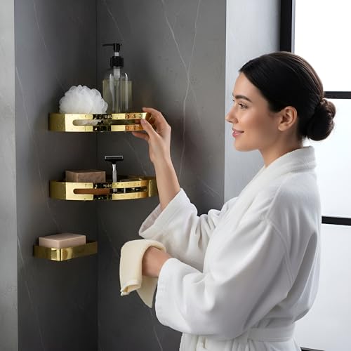 Image of IBELL Stainless Steel Bathroom Corner Shelf Set | 2-Tier Wall Mounted Shelves with Soap Holder | Space-Saving Storage Organizer for Bathroom & Kitchen