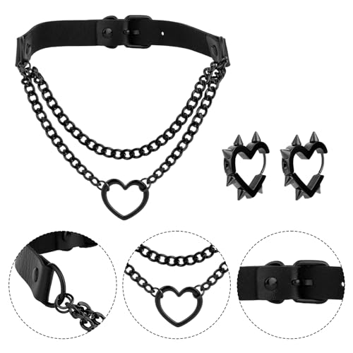 Goth Heart Chain Choker & Spiked Heart Earrings, Black Punk Rock Leather Necklace Y2K Earrings Jewelry Set for Men Women4