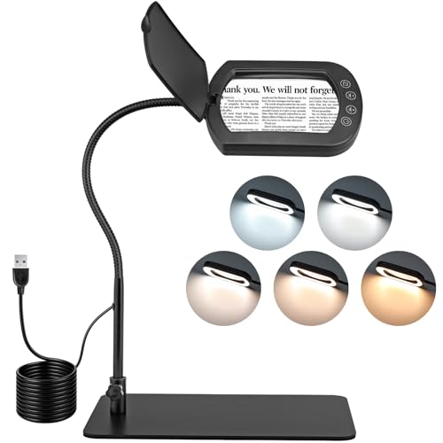 COLFULINE Lupa con Luz 3 Colores, Lámpara de Aumento Regulable 10X, Lámpara de Escritorio Recargable con Abrazadera, 10 Lupas de Brillo Ajustables para Lectura, Manualidades