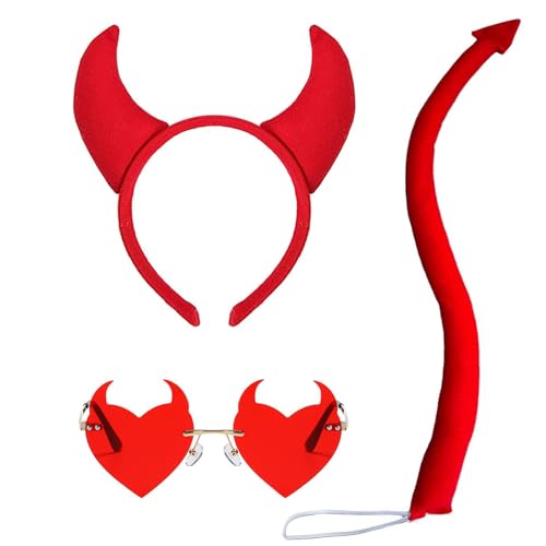 IHLOOTD Disfraz Demonio Mujer 3 Piezas Accesorios Disfraz Halloween Diadema de Cuernos Diablo Rojo Cola Diablo Gafas Corazon para Cosplay, Mascarada, Carnaval (B)