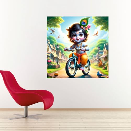 Image of Akki World Bal Kanhiya With Bicycle Wall Poster For Pooja Room, Bedroom, Kids Room, (Size - 46Cm X 46Cm)