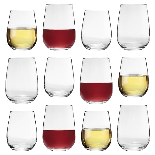 LAV 12pc Gaia Stemless Wine Glasses Set - Large Glass Red White Rose No Stem Cocktail Party Drinking Goblet Gift Set