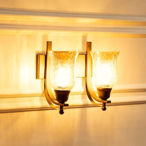 Image of Divine Trends Antique Brass Finish Double J Wall Light with Chimney Crackled Glass Golden Luster for Living Room, Bedroom, Home Decoration, Hotel Wall Lamp Pack of 1