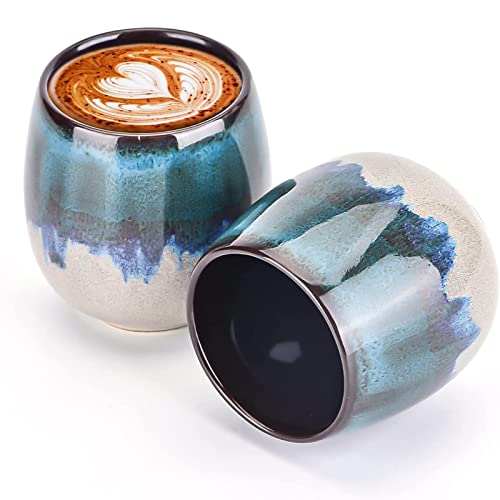 FLJZCZM Ceramic Espresso Cups Set of 2 Expresso shots cup Kiln-Change Espresso Cups 3Oz Mini Espresso Mugs Demitasse Cups (Blue)
