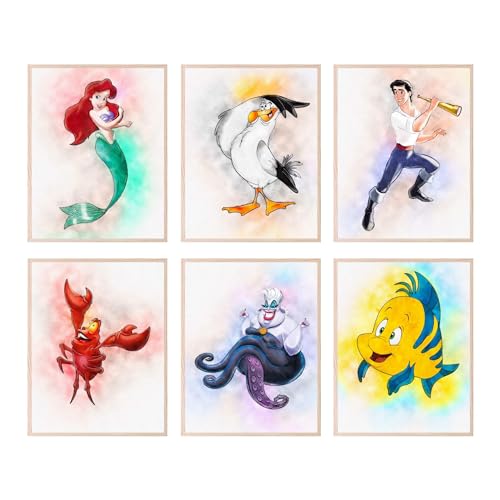 Image of The Little Mermaid Prints - Set of 6 Wall Art Decor (8 inches x 10 inches) Photos - Princess Ariel Prince Eric Flounder Sebastian King Triton Ursula