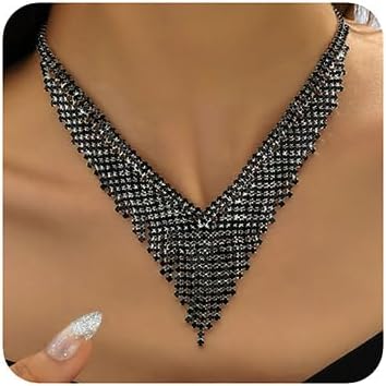 Boho Fashion Prom Shinny Luxury Black Rhinestones Choker Necklace Earrings Set Dainty Layered Sexy Body Chain Tassels Choker Necklace Punk Halloween Christmas Necklace for Women