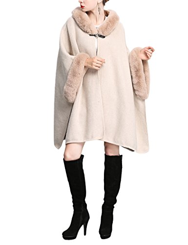 Gihuo Women's Luxury Batwing Sleeve Faux Fur Hooded Cloak Poncho Sweater Cape2