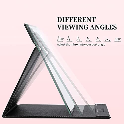 Image of Folding Round Compact Mirror - PU Leather Vanity with Stand for Desk, Camping, Travel - Personal Tabletop HandMirror - Princess Square Makeup