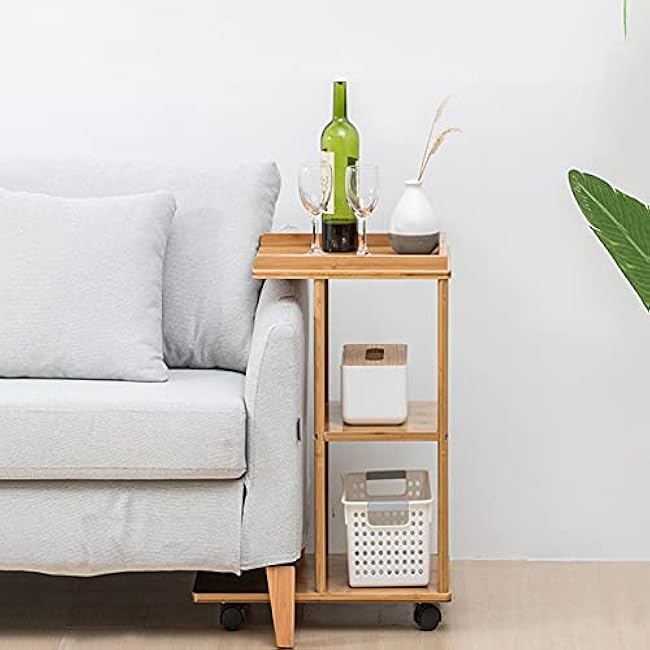 Trolley Serving Service Trolley, 3-Tier Storage Shelf L-Shaped Design Grooved Countertop, Bamboo Mobile Storage Trolley with Lockable Wheels, 31.5x50x60.5CM-KIO7NhlT