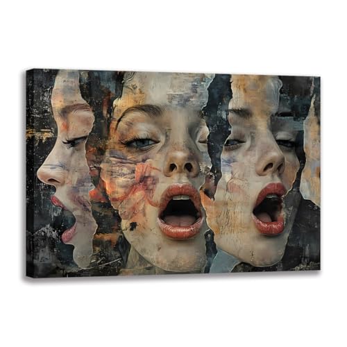 Art mural trois expressions faciales : impression abstraite sur toile encadrée 30x45 cm