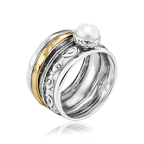 925 Sterling Silver Spinner Ring With 14K Gold Plated Unisex Band Freshwater Pearl Floral Etched Hammered Oxidized Vintage Look Stylish Hypoallergenic Nickel And Lead-Free Artisan Handcraft #TOP24