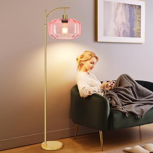 Image of Gold Floor Lamps for Living Room Bedroom,Glass Floor Lamp with Remote Control & Pink Lampshade,Arc Dimmable Floor Lamp Mid Century Modern Standing Lamp Vintage Tall Floor Lamps for Bedroom Corner