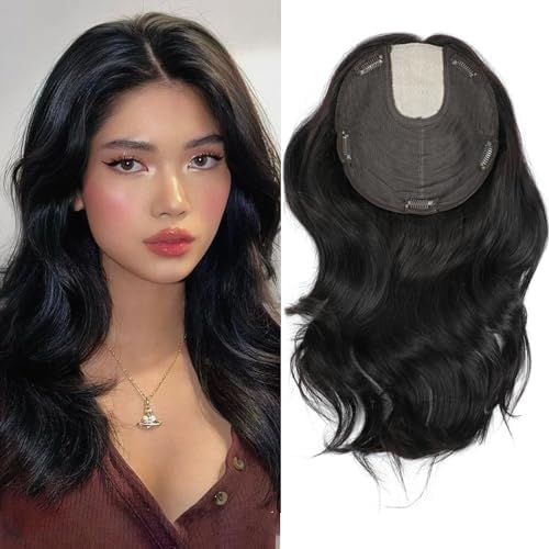 YAMI Hair Topper, Hair Toppers for Women Real Human Hair Large Base Wavy Clip in Hairpieces 14 Inch Natural Black