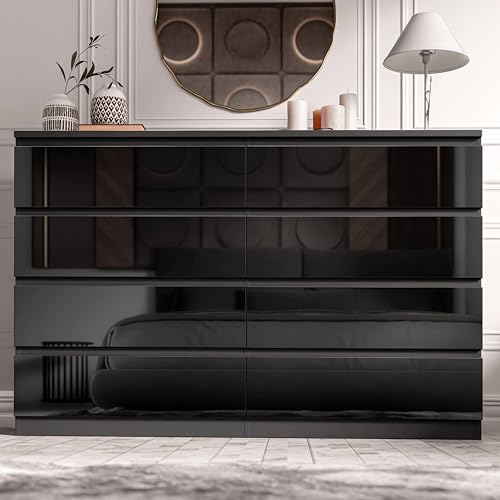 Blisswood High Gloss Chest of Drawer, 8 Drawer Bedroom Chest of Drawer Bedside Table Cabinet for Bedroom Living room Furniture, Black, 120W x 40D x 97H cm
