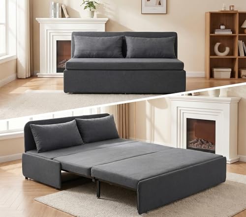Image of BALUS 64 inch Queen Sofa Bed Couch Convertible Sleeper with Pullout Beds, Folding Sofabed Guest Bed with 2 Pillows, Tri-fold Mattress Sofas Armless Loveseat for Living Room Apartment Loft - Dark Gray