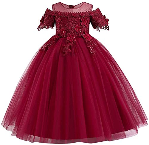 Flower Girls Applique Lace Wedding Tulle Dress Cold-Shoulder Short Sleeve Pageant Birthday Party Evening Ball Gown